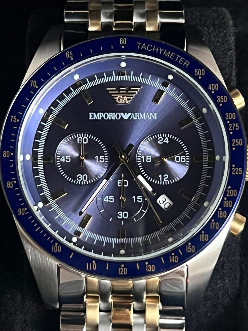 Emporio Armani Navy and Gold Chronograph Tachymeter Watch